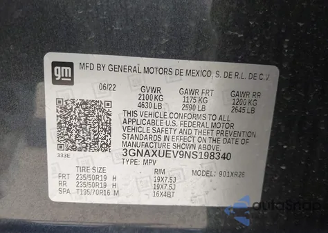 2022 Chevrolet Equinox Awd Lt z USA, uszkodzony, nr VIN 3GNAXUEV9NS198340